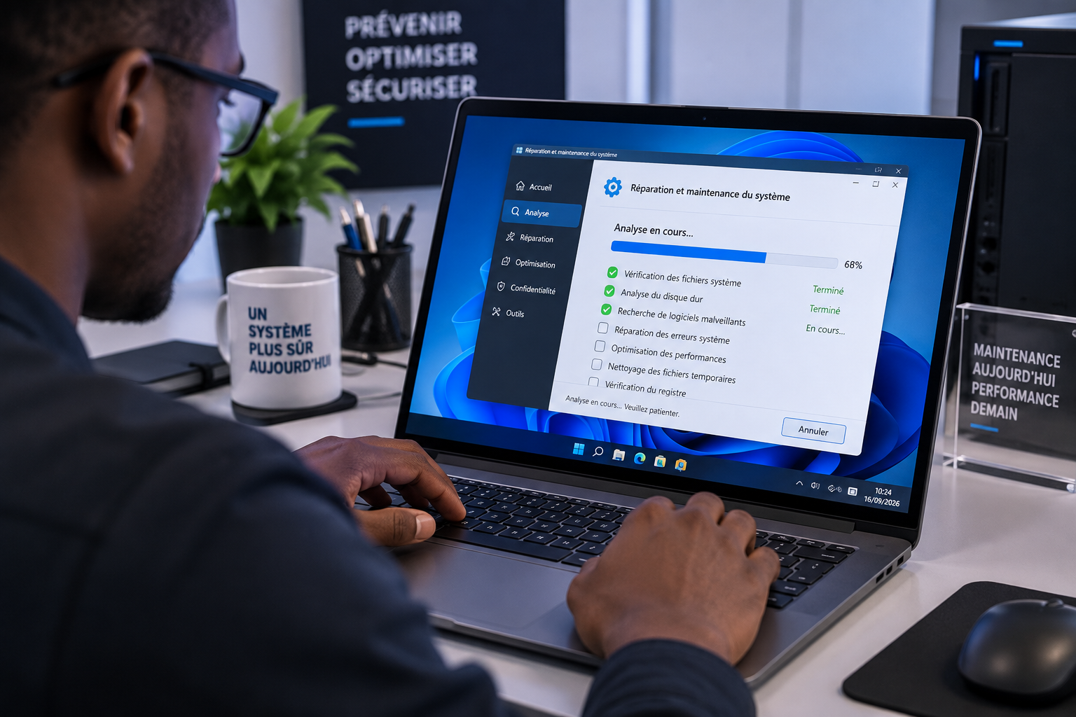 Analyse et réparation du système en cours sur un ordinateur portable